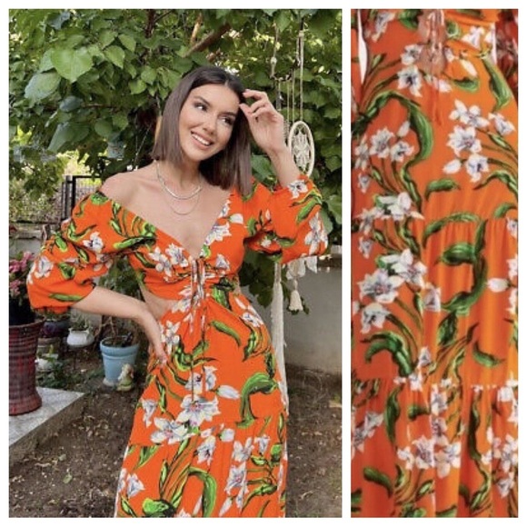 NWT. Zara Orange 100% Viscose Cut-Out Printed V-neck Midi Dress. Size S. - Picture 2 of 10